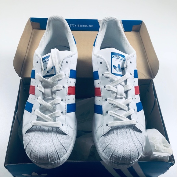 red white and blue adidas superstars